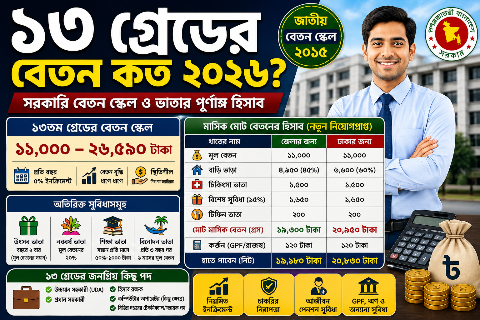 ১৩ গ্রেডের বেতন কত ২০২৬? সরকারি বেতন স্কেল, ভাতা ও সুযোগ-সুবিধার বিস্তারিত