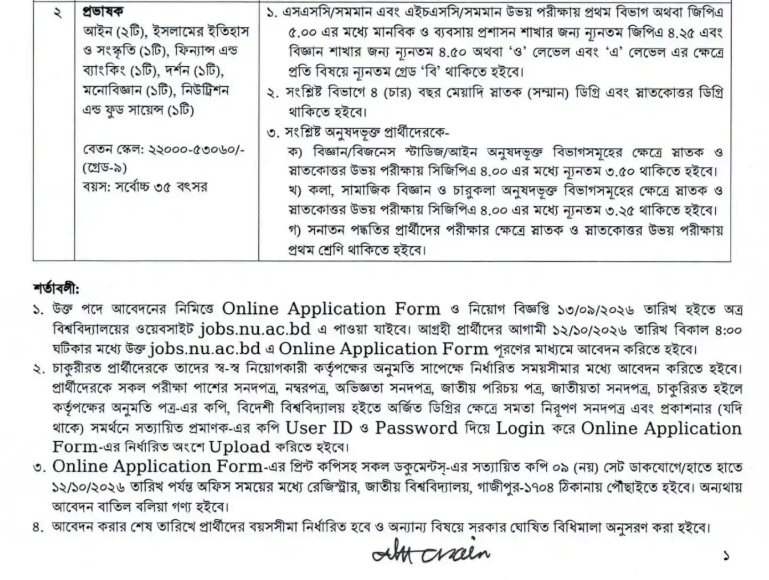 জাতীয় বিশ্ববিদ্যালয় নিয়োগ বিজ্ঞপ্তি ২০২৬ | ১০ পদে শিক্ষক নিয়োগ