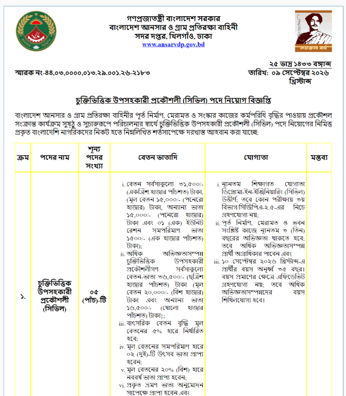 বাংলাদেশ আনসার ও গ্রাম প্রতিরক্ষা বাহিনী নিয়োগ বিজ্ঞপ্তি ২০২৬ | ৫ পদে চাকরি