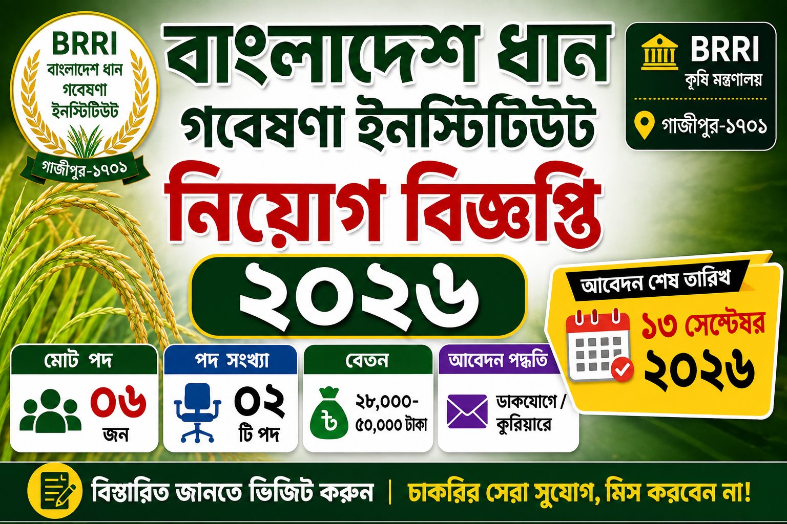বাংলাদেশ ধান গবেষণা ইনস্টিটিউট নিয়োগ বিজ্ঞপ্তি ২০২৬ | BRRI Job Circular 2026