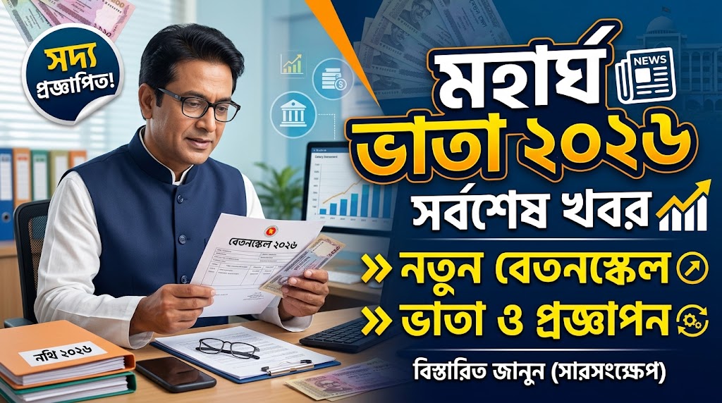 মহার্ঘ ভাতা ২০২৬, মহার্ঘ ভাতা কত শতাংশ, মহার্ঘ ভাতা প্রজ্ঞাপন ২০২৬, নতুন বেতনস্কেল ২০২৬, জাতীয় বেতনস্কেল ২০২৬, সরকারি কর্মচারীদের বেতন, সরকারি চাকরিজীবীদের মহার্ঘ ভাতা, বিশেষ সুবিধা ২০২৫, পে স্কেল ২০২৬