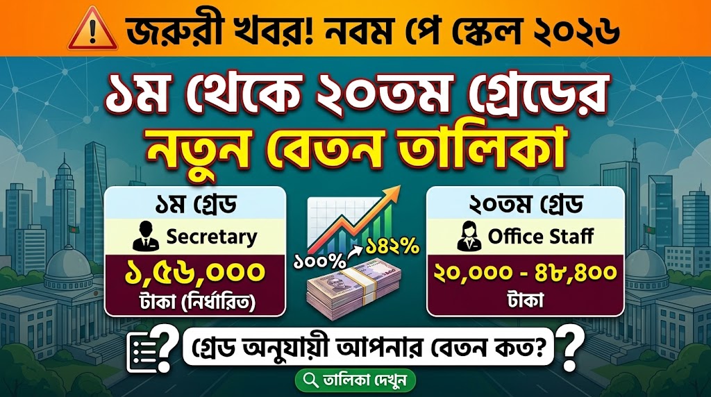 নবম পে স্কেল ২০২৬ বেতন তালিকা | ১ম থেকে ২০তম গ্রেডে কত বেতন