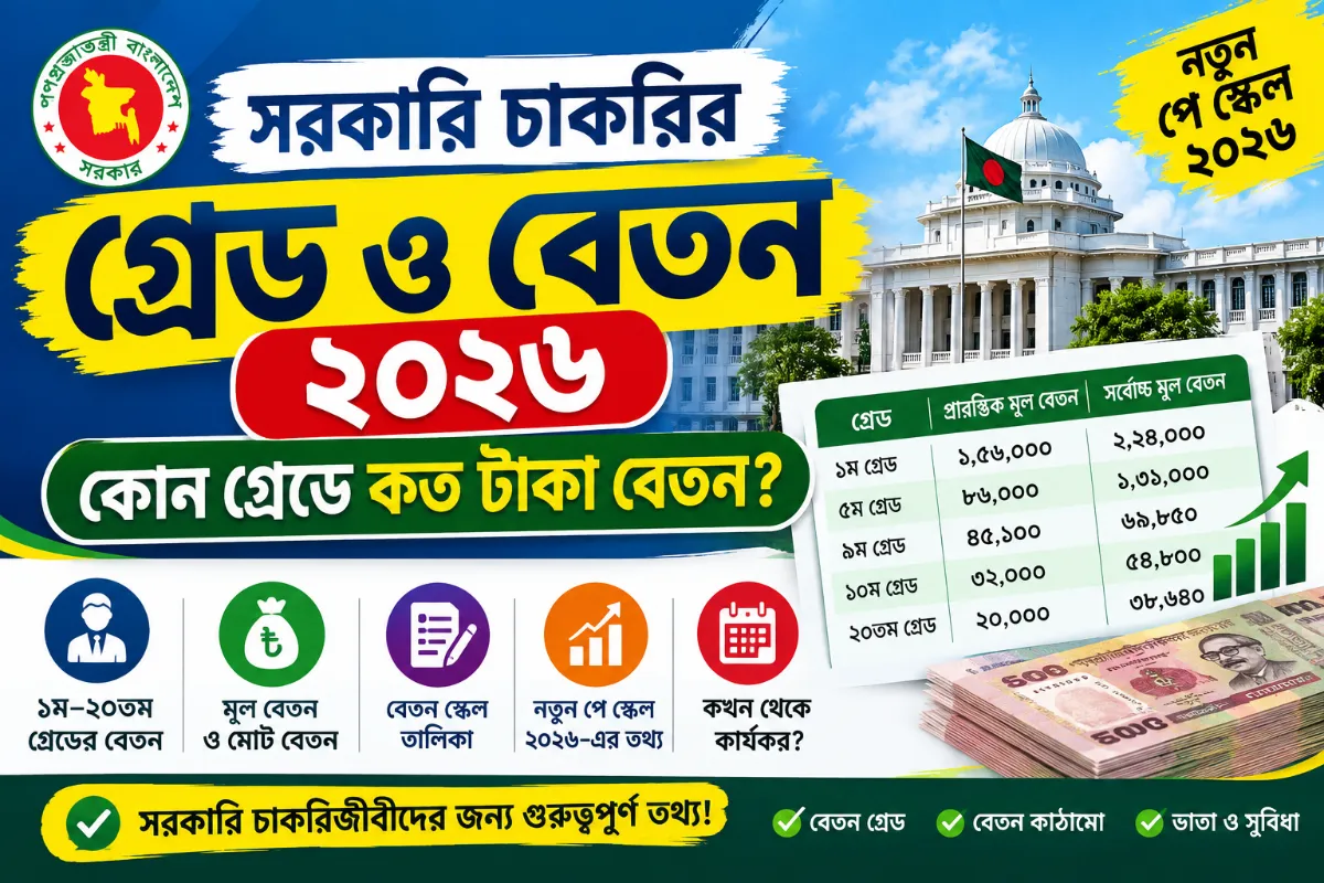 সরকারি চাকরির গ্রেড ও বেতন ২০২৬ । কোন গ্রেডে কত টাকা বেতন?