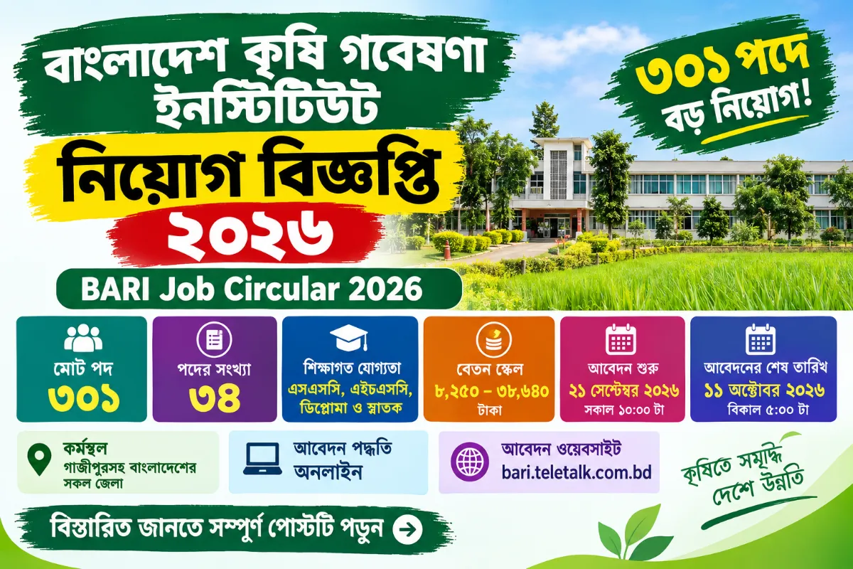 বাংলাদেশ কৃষি গবেষণা ইনস্টিটিউট নিয়োগ বিজ্ঞপ্তি ২০২৬ — ৩০১ পদে BARI Job Circular