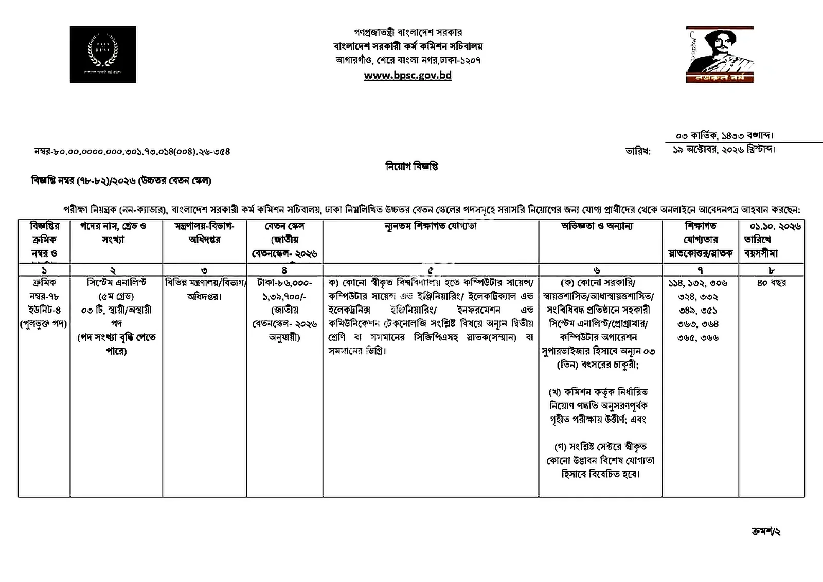 বাংলাদেশ সরকারী কর্ম কমিশন নিয়োগ বিজ্ঞপ্তি ২০২৬ সার্কুলারের ছবি