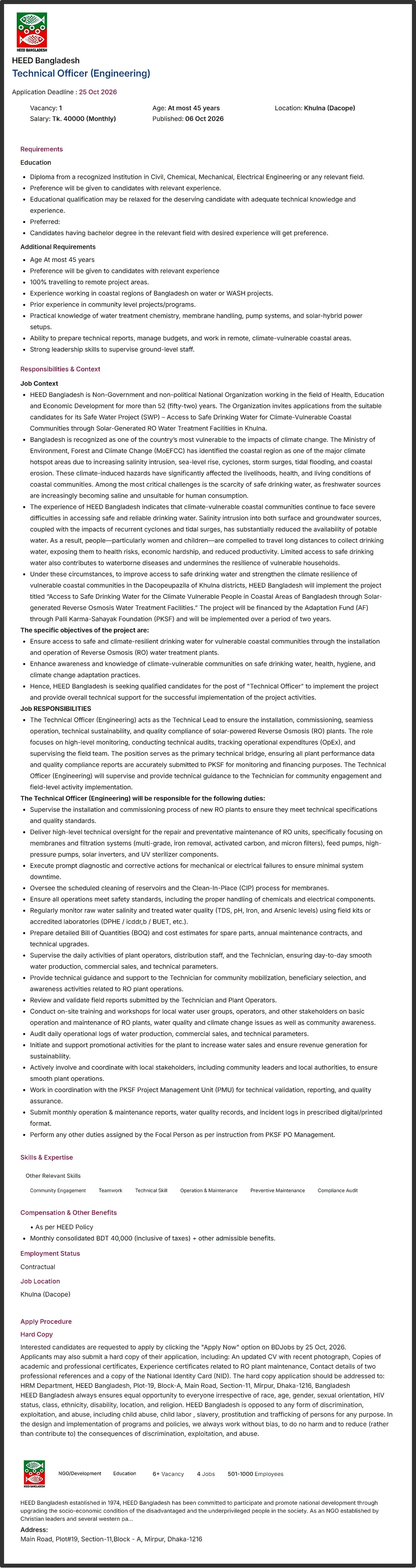 HEED Bangladesh NGO Job Circular 2026 - 1st circular