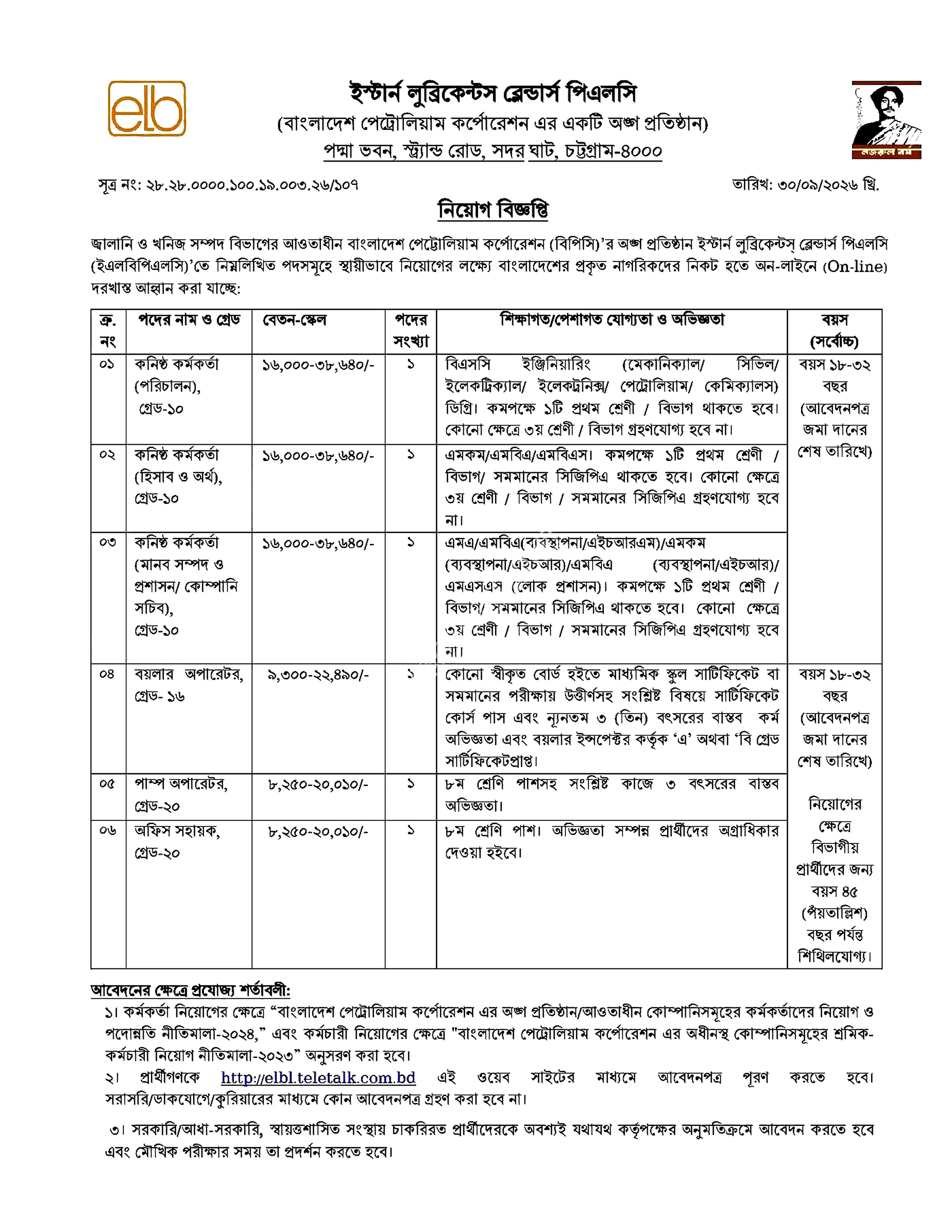 ইস্টার্ন লুব্রিকেন্টস ব্লেন্ডার্স নিয়োগ বিজ্ঞপ্তি ২০২৬ সার্কুলারের ছবি