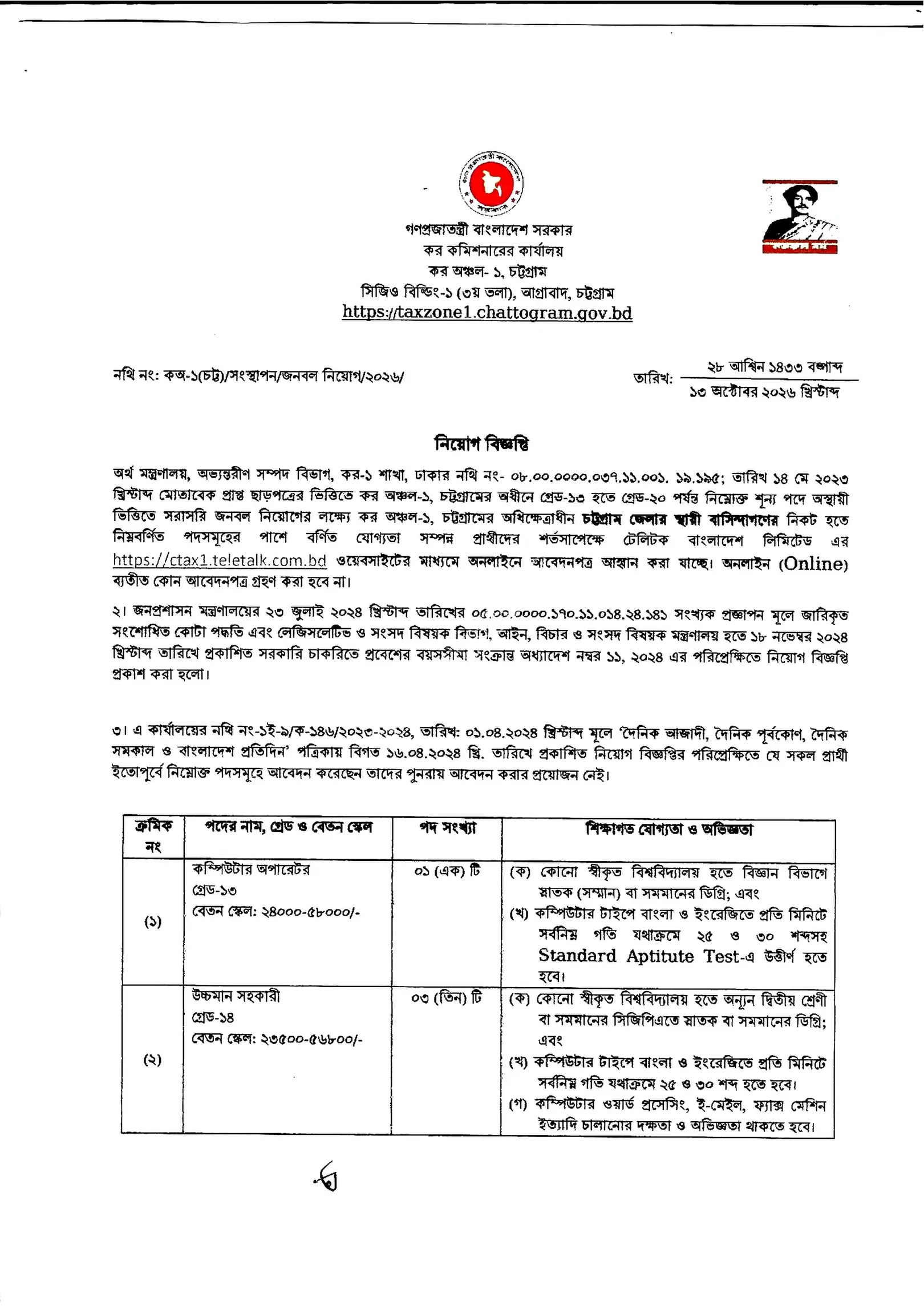 কর অঞ্চল-১ চট্টগ্রাম নিয়োগ বিজ্ঞপ্তি ২০২৬ - সার্কুলার পৃষ্ঠা ১