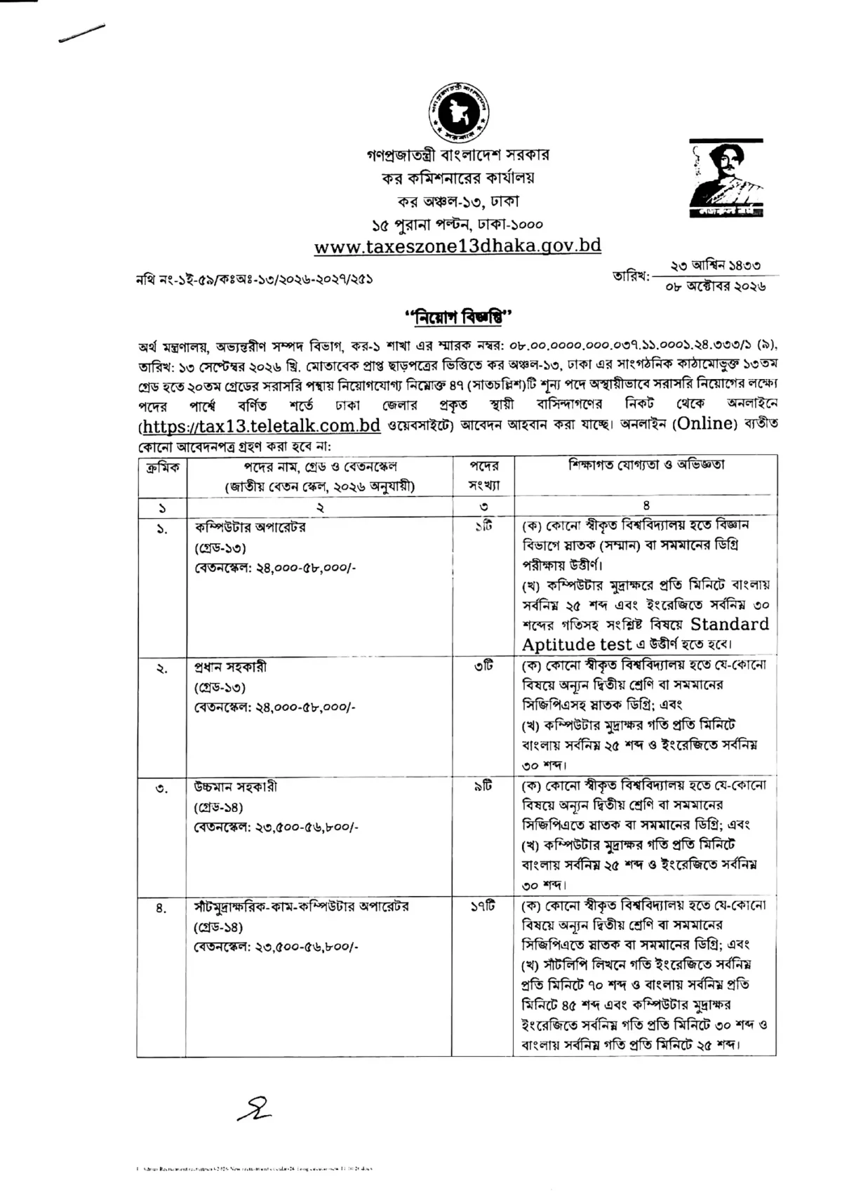 কর অঞ্চল ১৩ ঢাকা নিয়োগ বিজ্ঞপ্তি ২০২৬ সার্কুলারের ছবি (পৃষ্ঠা ২)
