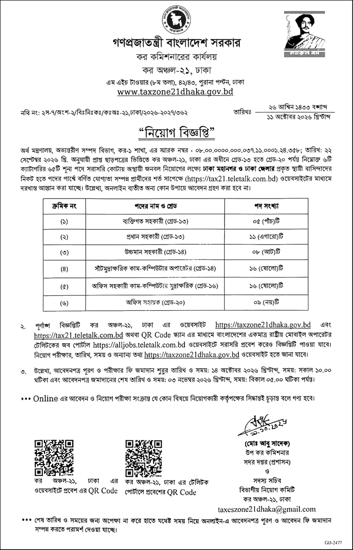 কর অঞ্চল-২১ ঢাকা নিয়োগ বিজ্ঞপ্তি ২০২৬ সার্কুলারের ছবি