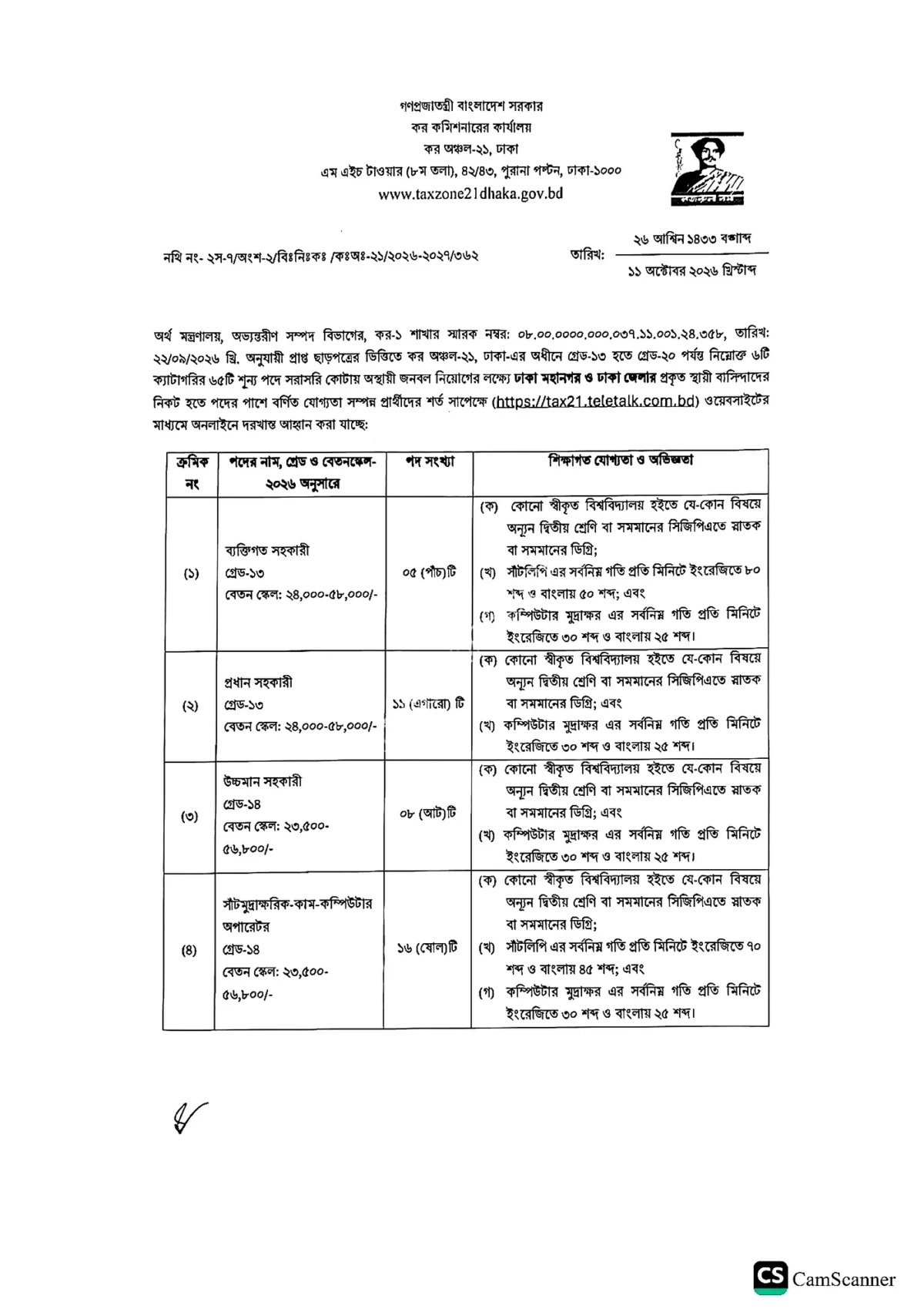 কর অঞ্চল-২১ ঢাকা নিয়োগ বিজ্ঞপ্তি ২০২৬ সার্কুলারের ছবি (পৃষ্ঠা ২)