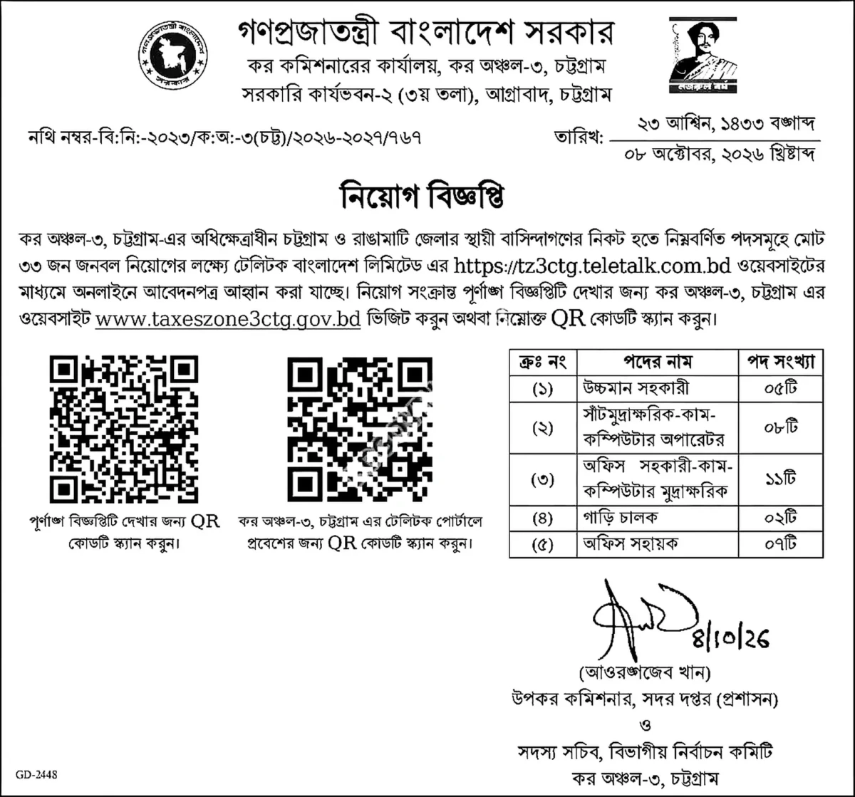 কর অঞ্চল-৩ চট্টগ্রাম নিয়োগ বিজ্ঞপ্তি ২০২৬ সার্কুলারের ছবি
