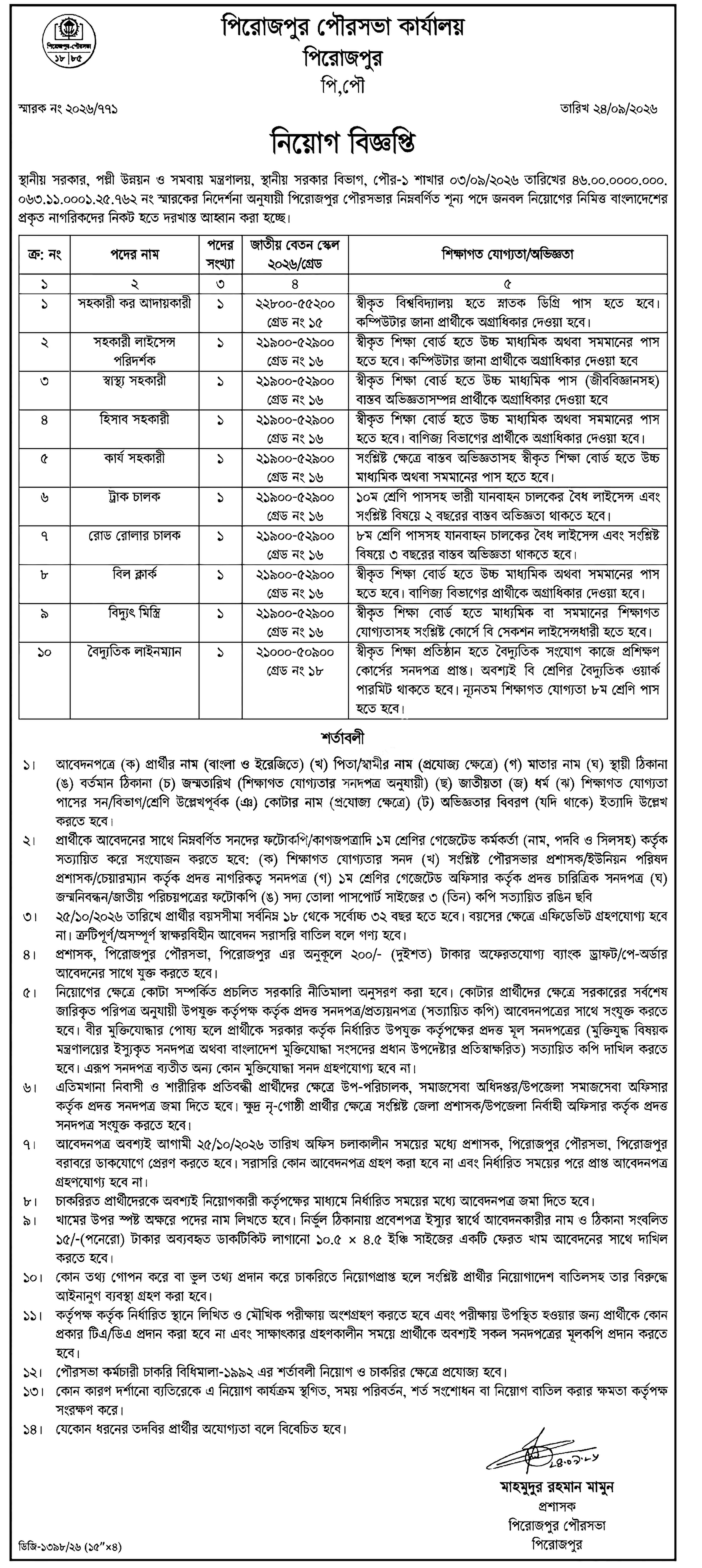 পিরোজপুর পৌরসভা নিয়োগ বিজ্ঞপ্তি ২০২৬ সার্কুলারের ছবি