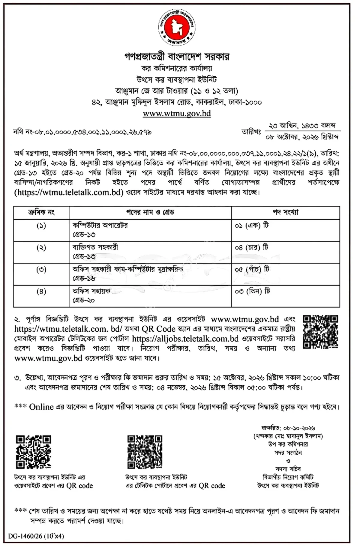 উৎসে কর ব্যবস্থাপনা ইউনিট নিয়োগ বিজ্ঞপ্তি ২০২৬ সার্কুলারের ছবি